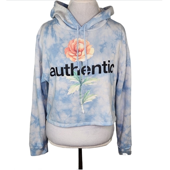 Mighty Fine Blue Cloud Authentic Cropped Fleece Hoodie Size Large - Picture 4 of 11